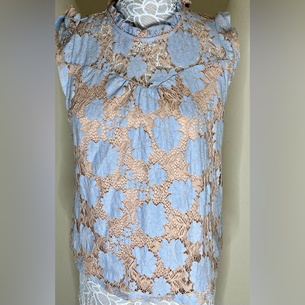 Monteau sleeveless Lace Top in Blue and Cream